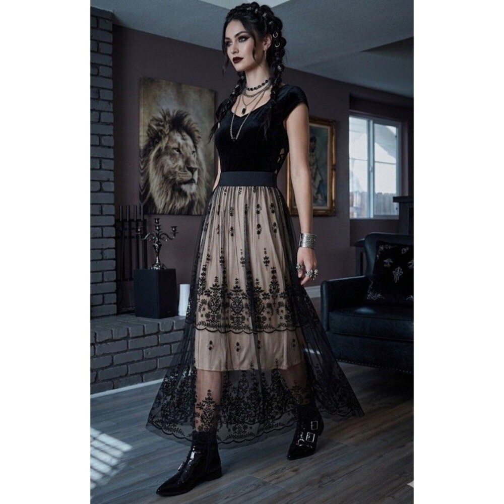 Metro Wear Goth Maxi Skirt Black Lace Tulle Mesh Overlay Over Nude Lining L Cool